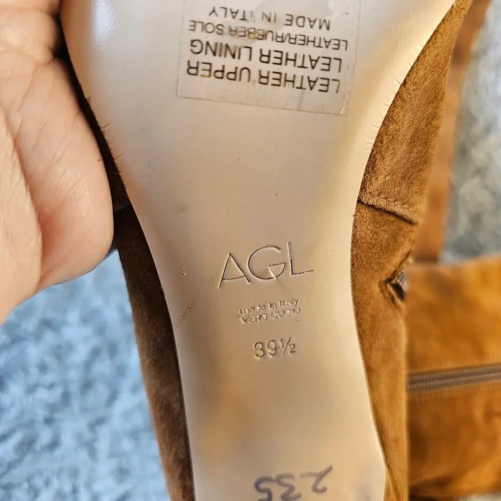 AGL Women's Milly Leather Suede Knee High Heeled Boots Side‎ Zip 39.5 9.5 Brown